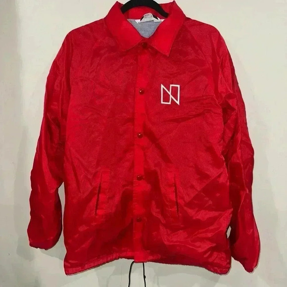 Original Vintage 1970’s NBC News Employee Red Nylon Jacket - Size S - Chalk Line - Picture 1 of 9